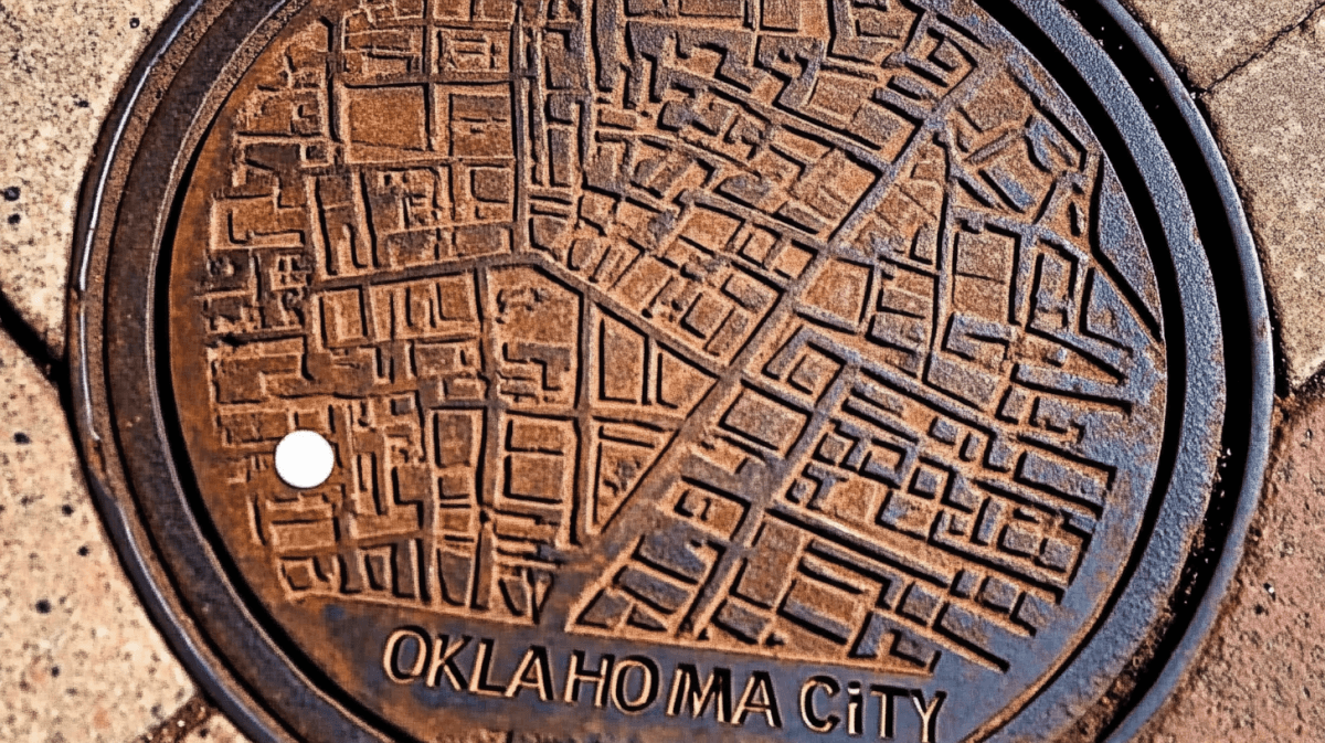 Manhole covers provide a hidden guide on the sidewalks of Oklahoma City