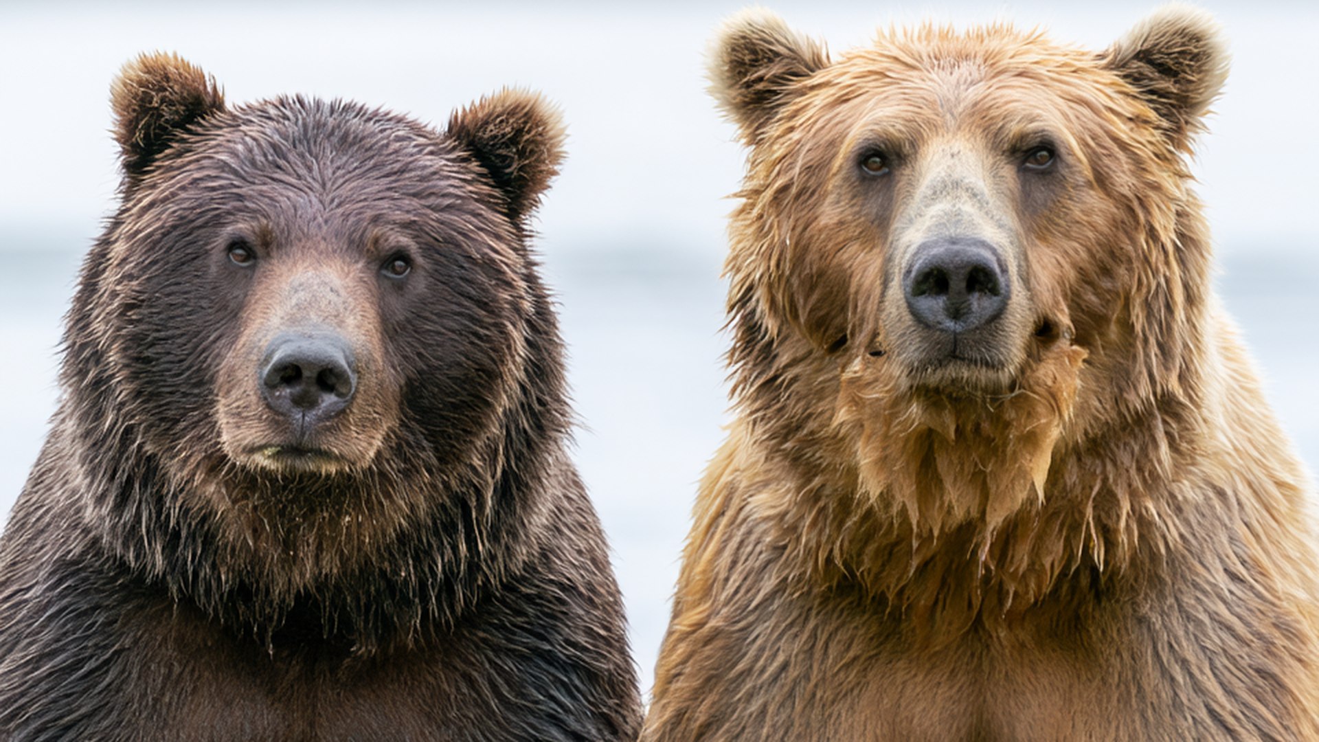 Brown bear with two cubs beside a salmon river in Alaska.