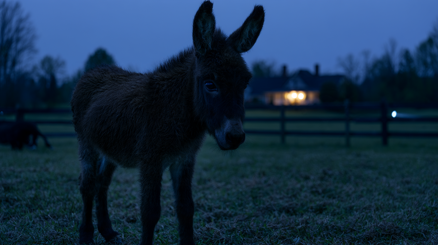 Representative image of a miniature donkey standing in a pasture at blue hour