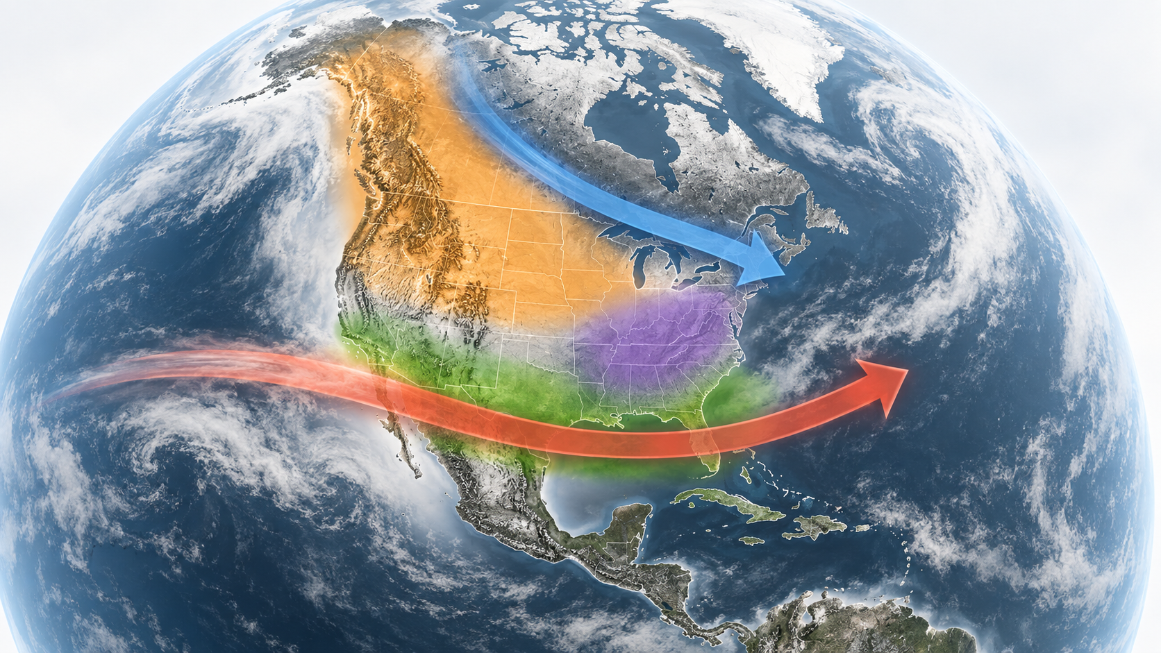 Illustration of North America with colored climate zones and arrows showing generalized winter El Niño jet-stream patterns.