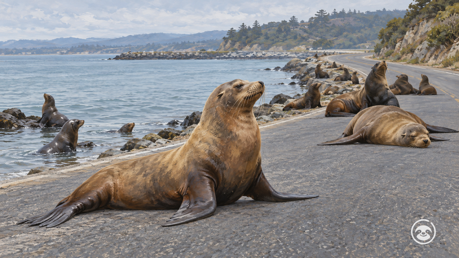 AI-generated editorial illustration of California sea lions resting on a coastal road beside the water.