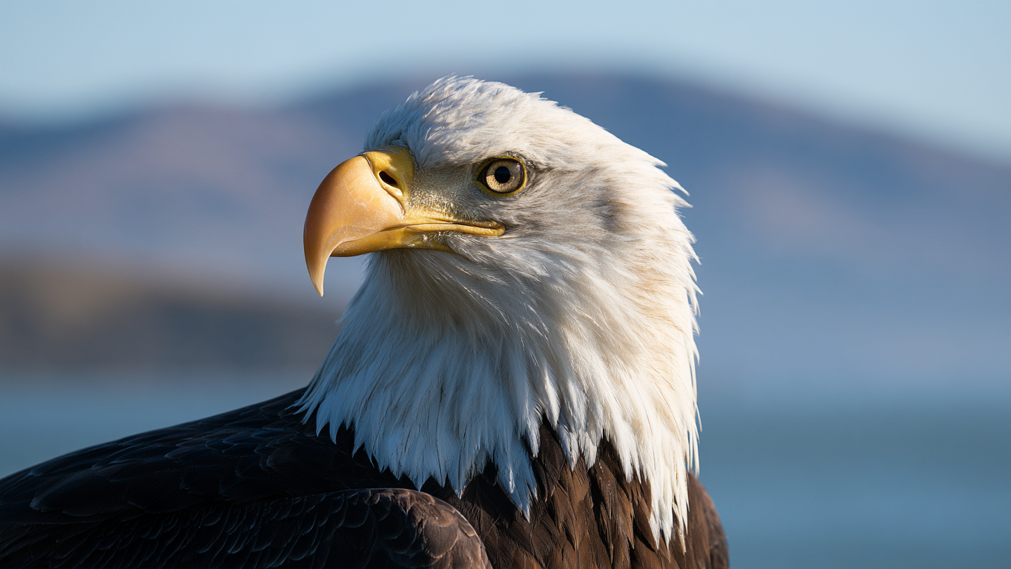 Close-up of a bald eagle’s white head and yellow beak against a softly blurred blue background.