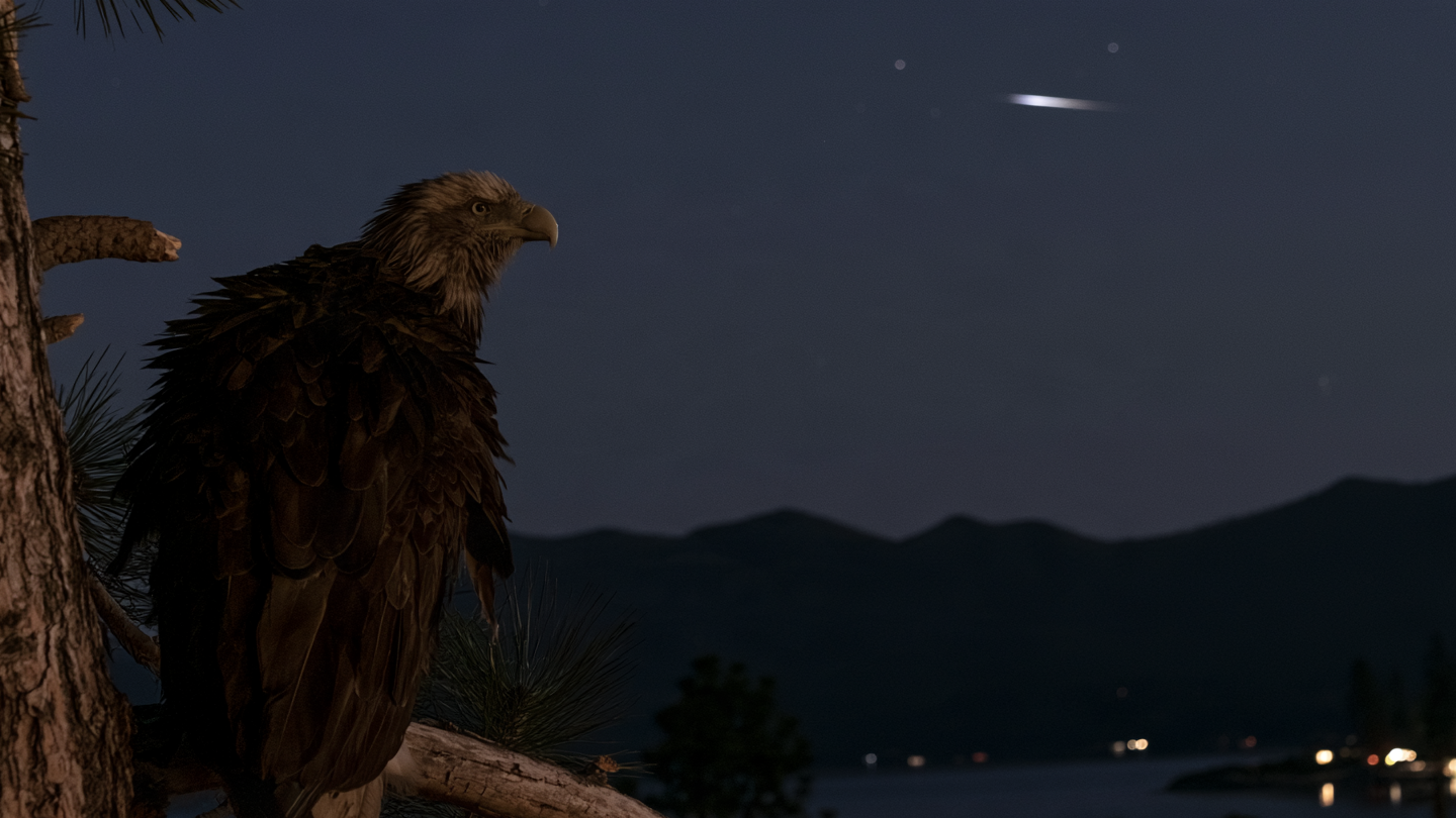 An eagle perched in a pine tree above a mountain lake at night, with a bright streak in the sky.