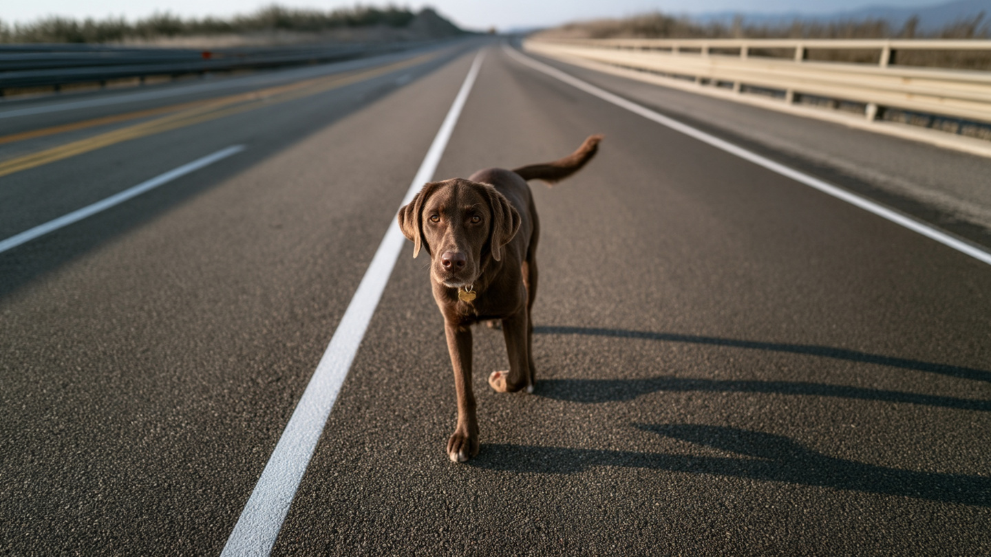 Chocolate Labrador standing on an empty highway between guardrails.
