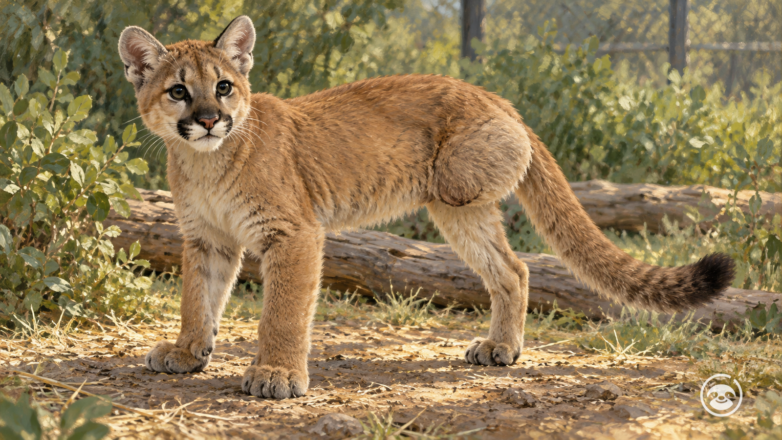 Illustration of a young mountain lion standing on three legs.