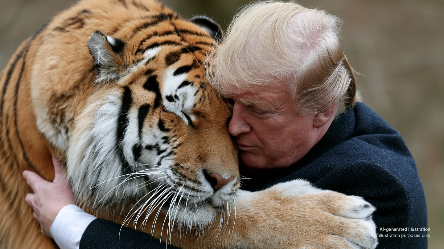 AI-generated illustration depicting Donald Trump embracing a tiger. This encounter did not occur; the image is for illustration purposes only.