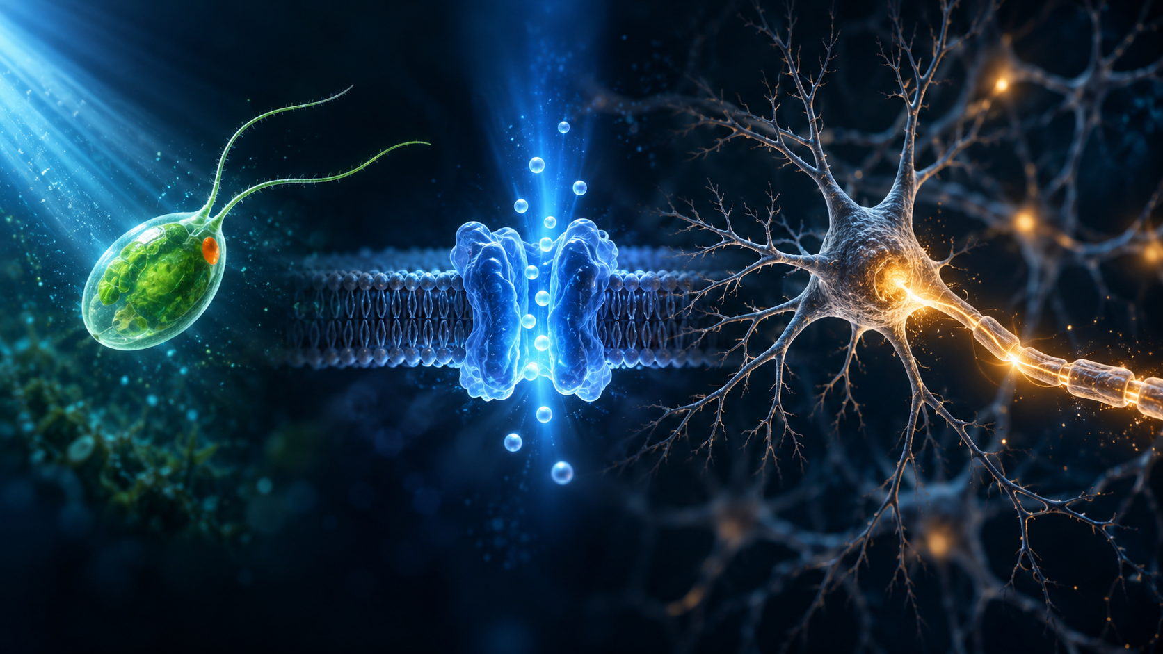Conceptual illustration showing a green alga, a light-gated ion channel, and a neuron activated by light.