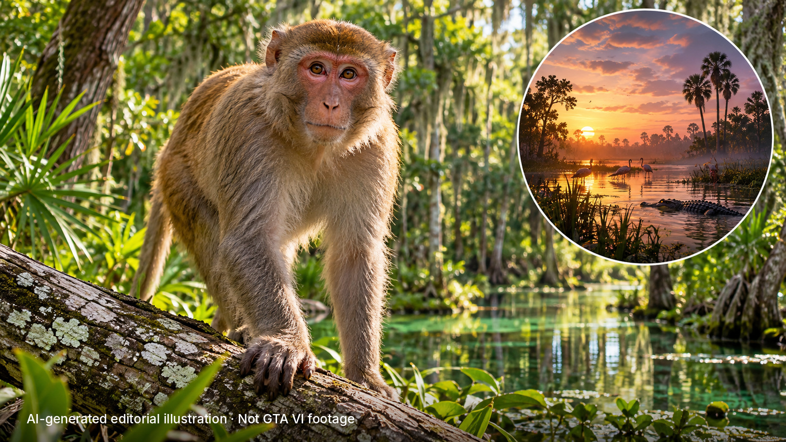AI-generated conceptual illustration of a rhesus macaque in a Florida-like wetland, with an inset of a fictional video-game-style swamp containing birds and an alligator.
