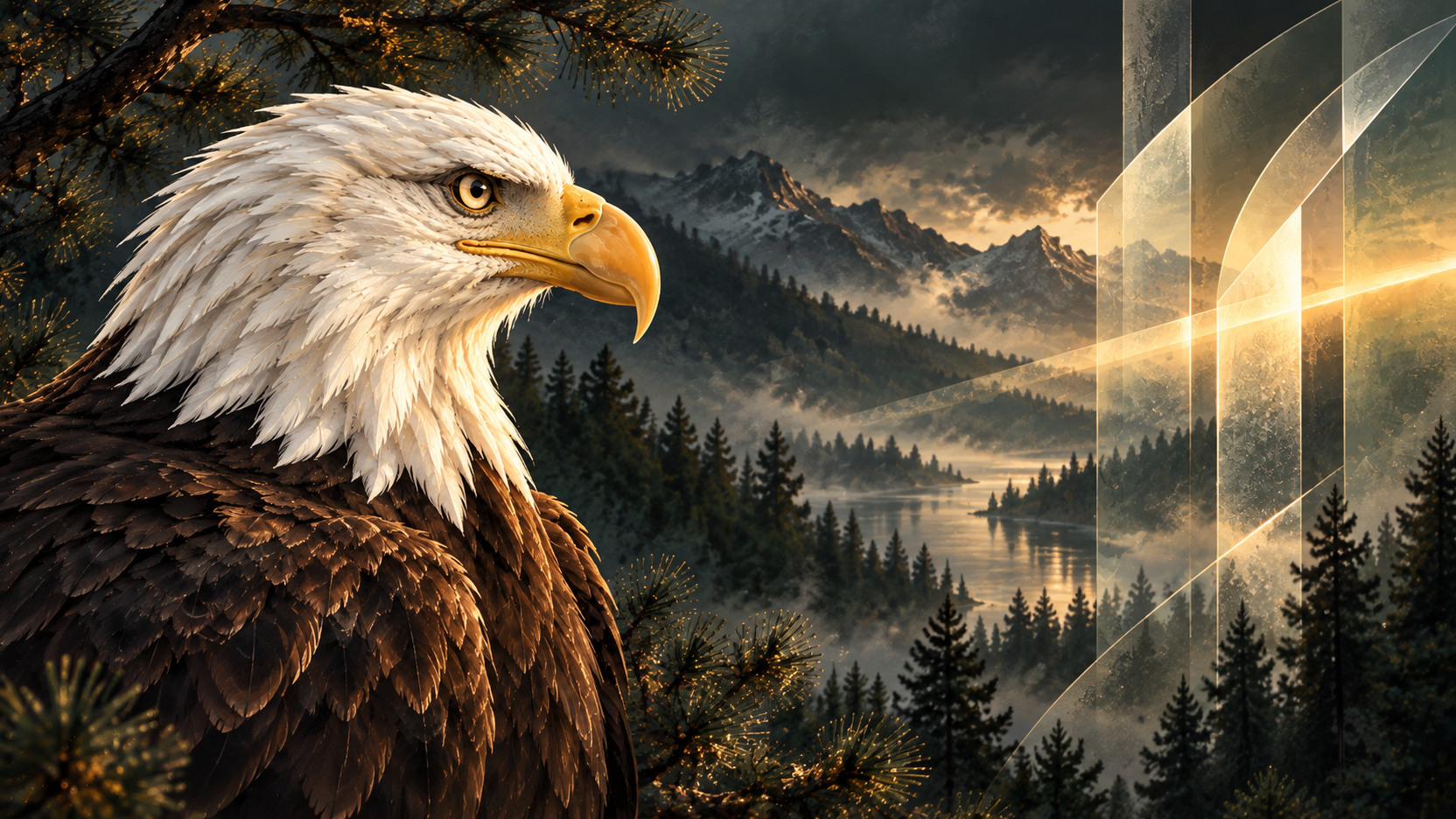 Illustration of a bald eagle above a misty forested lake, with translucent shapes catching warm light.