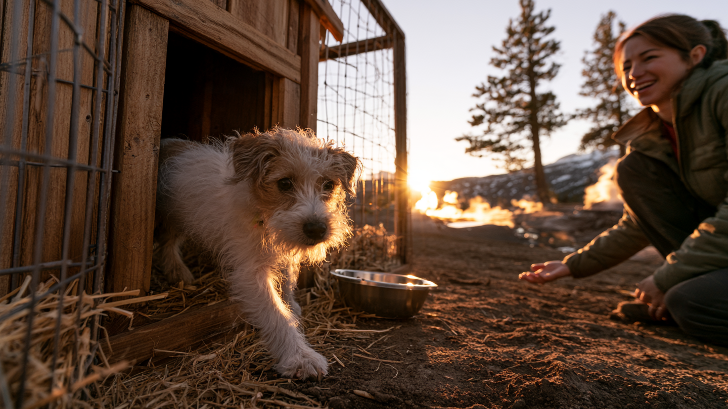 A small white-and-brown dog stepping out of a wooden doghouse with a woman kneeling nearby.