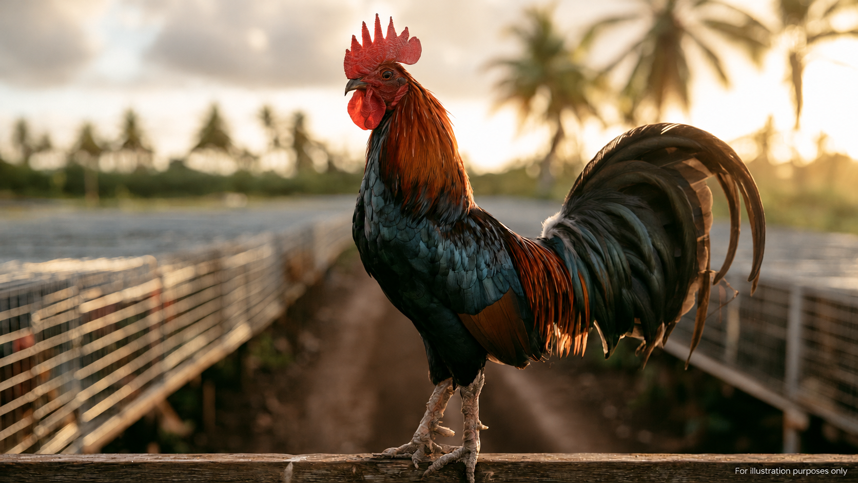 Illustrative image of a rooster between rows of poultry enclosures, with a small label reading 'For illustration purposes only.'