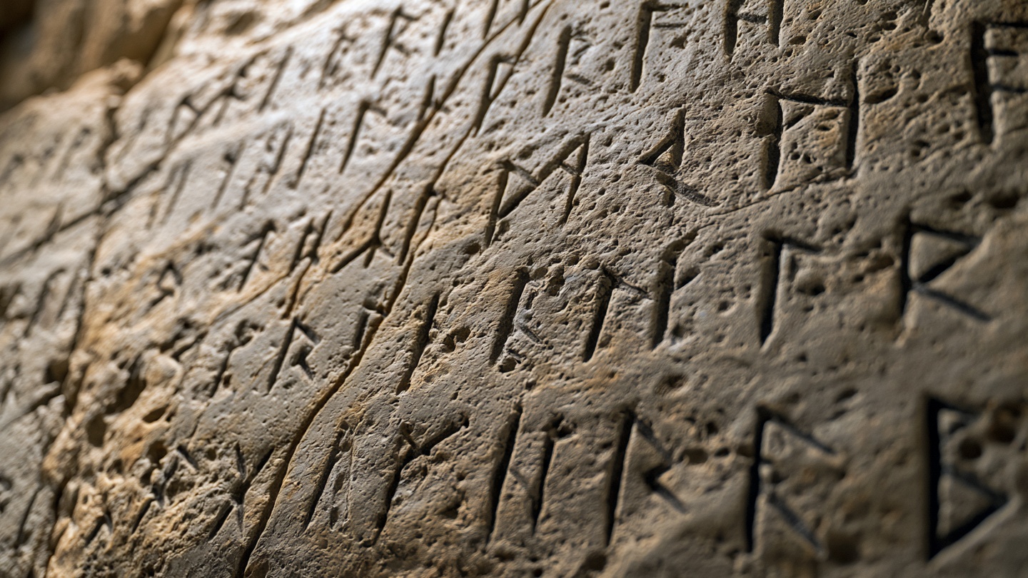 Illustration of rune-like marks carved into a rough stone surface.