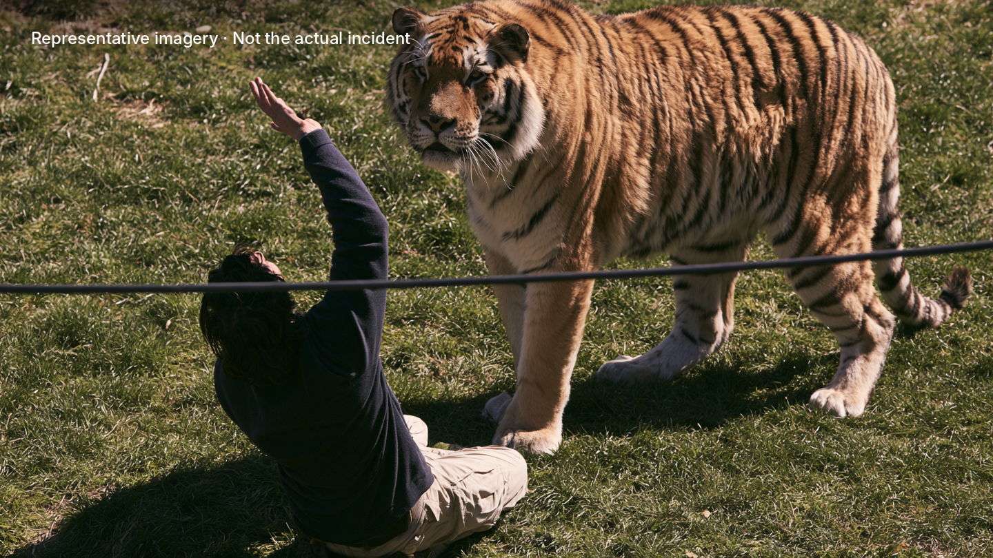 Representative illustration of a seated person near a tiger; not an actual photograph of the October 10, 2026 incident at Yorkshire Wildlife Park.